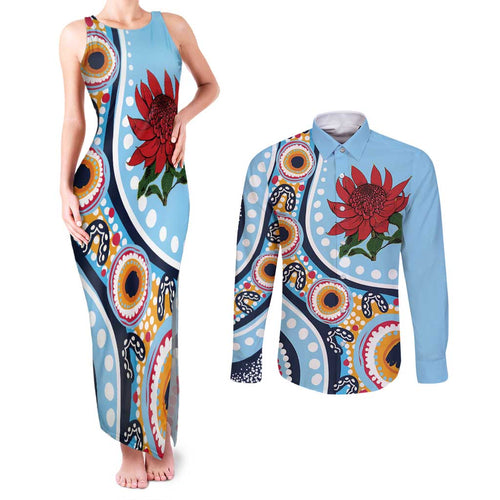 New South Wales Rugby Pacific Custom Couples Matching Tank Maxi Dress and Long Sleeve Button Shirt Aboriginal art of Waratah