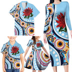 New South Wales Rugby Pacific Custom Family Matching Long Sleeve Bodycon Dress and Hawaiian Shirt Aboriginal art of Waratah