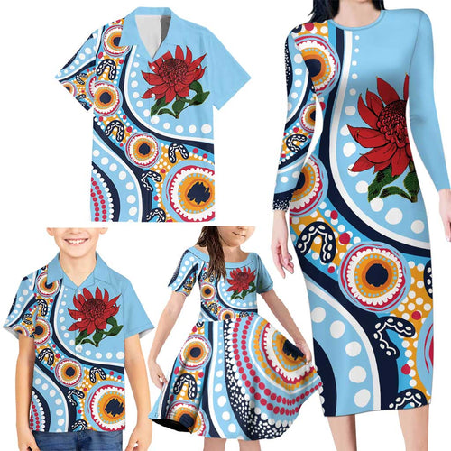 New South Wales Rugby Pacific Custom Family Matching Long Sleeve Bodycon Dress and Hawaiian Shirt Aboriginal art of Waratah