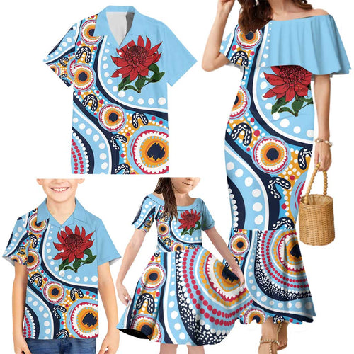 New South Wales Rugby Pacific Custom Family Matching Mermaid Dress and Hawaiian Shirt Aboriginal art of Waratah