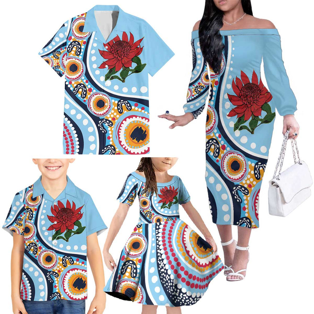 New South Wales Rugby Pacific Custom Family Matching Off The Shoulder Long Sleeve Dress and Hawaiian Shirt Aboriginal art of Waratah