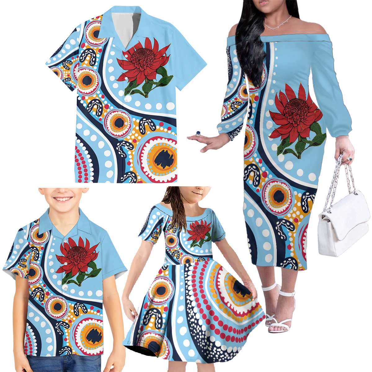 New South Wales Rugby Pacific Custom Family Matching Off The Shoulder Long Sleeve Dress and Hawaiian Shirt Aboriginal art of Waratah