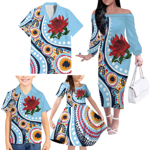 New South Wales Rugby Pacific Custom Family Matching Off The Shoulder Long Sleeve Dress and Hawaiian Shirt Aboriginal art of Waratah