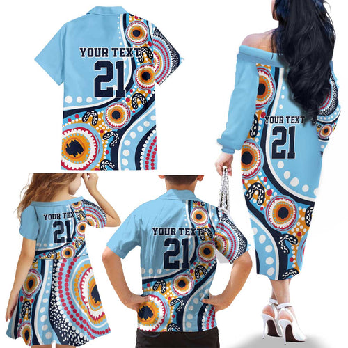 New South Wales Rugby Pacific Custom Family Matching Off The Shoulder Long Sleeve Dress and Hawaiian Shirt Aboriginal art of Waratah