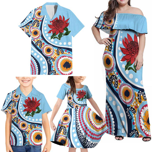 New South Wales Rugby Pacific Custom Family Matching Off Shoulder Maxi Dress and Hawaiian Shirt Aboriginal art of Waratah