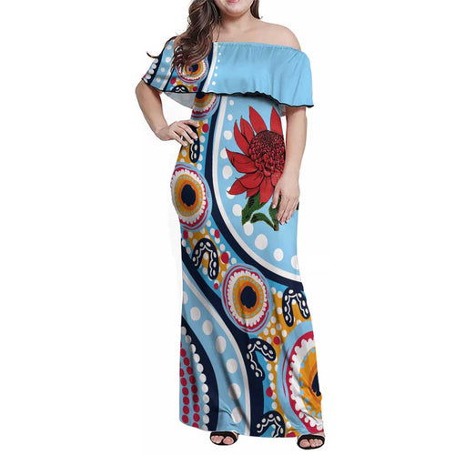 New South Wales Rugby Pacific Custom Family Matching Off Shoulder Maxi Dress and Hawaiian Shirt Aboriginal art of Waratah