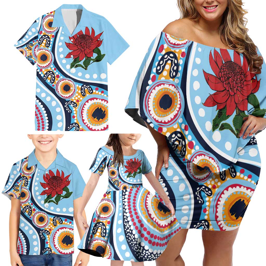 New South Wales Rugby Pacific Custom Family Matching Off Shoulder Short Dress and Hawaiian Shirt Aboriginal art of Waratah