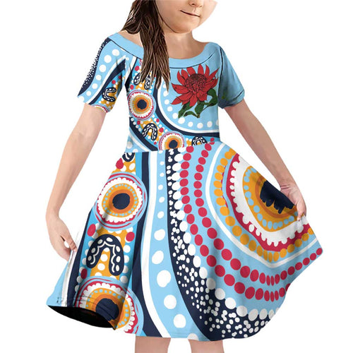 New South Wales Rugby Pacific Custom Family Matching Off Shoulder Short Dress and Hawaiian Shirt Aboriginal art of Waratah