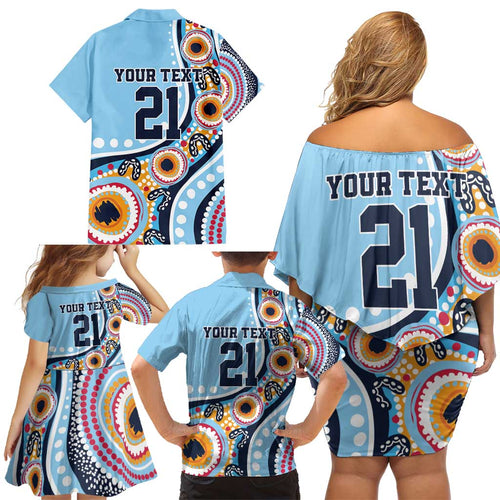 New South Wales Rugby Pacific Custom Family Matching Off Shoulder Short Dress and Hawaiian Shirt Aboriginal art of Waratah