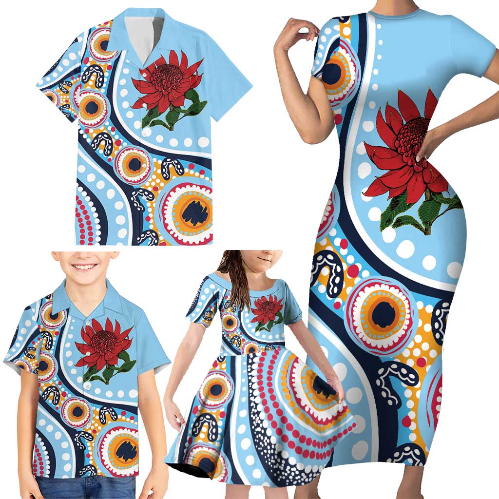 New South Wales Rugby Pacific Custom Family Matching Short Sleeve Bodycon Dress and Hawaiian Shirt Aboriginal art of Waratah