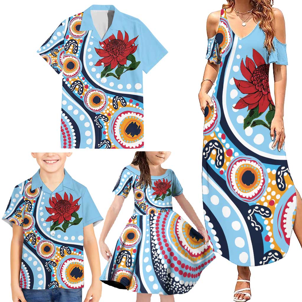 New South Wales Rugby Pacific Custom Family Matching Summer Maxi Dress and Hawaiian Shirt Aboriginal art of Waratah