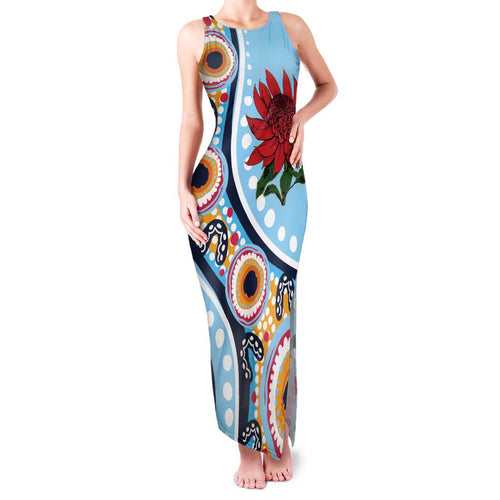 New South Wales Rugby Pacific Custom Family Matching Tank Maxi Dress and Hawaiian Shirt Aboriginal art of Waratah