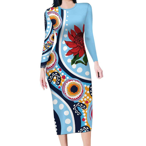 New South Wales Rugby Pacific Custom Long Sleeve Bodycon Dress Aboriginal art of Waratah