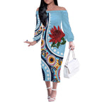 New South Wales Rugby Pacific Custom Off The Shoulder Long Sleeve Dress Aboriginal art of Waratah