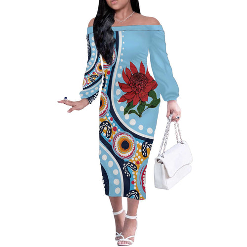 New South Wales Rugby Pacific Custom Off The Shoulder Long Sleeve Dress Aboriginal art of Waratah