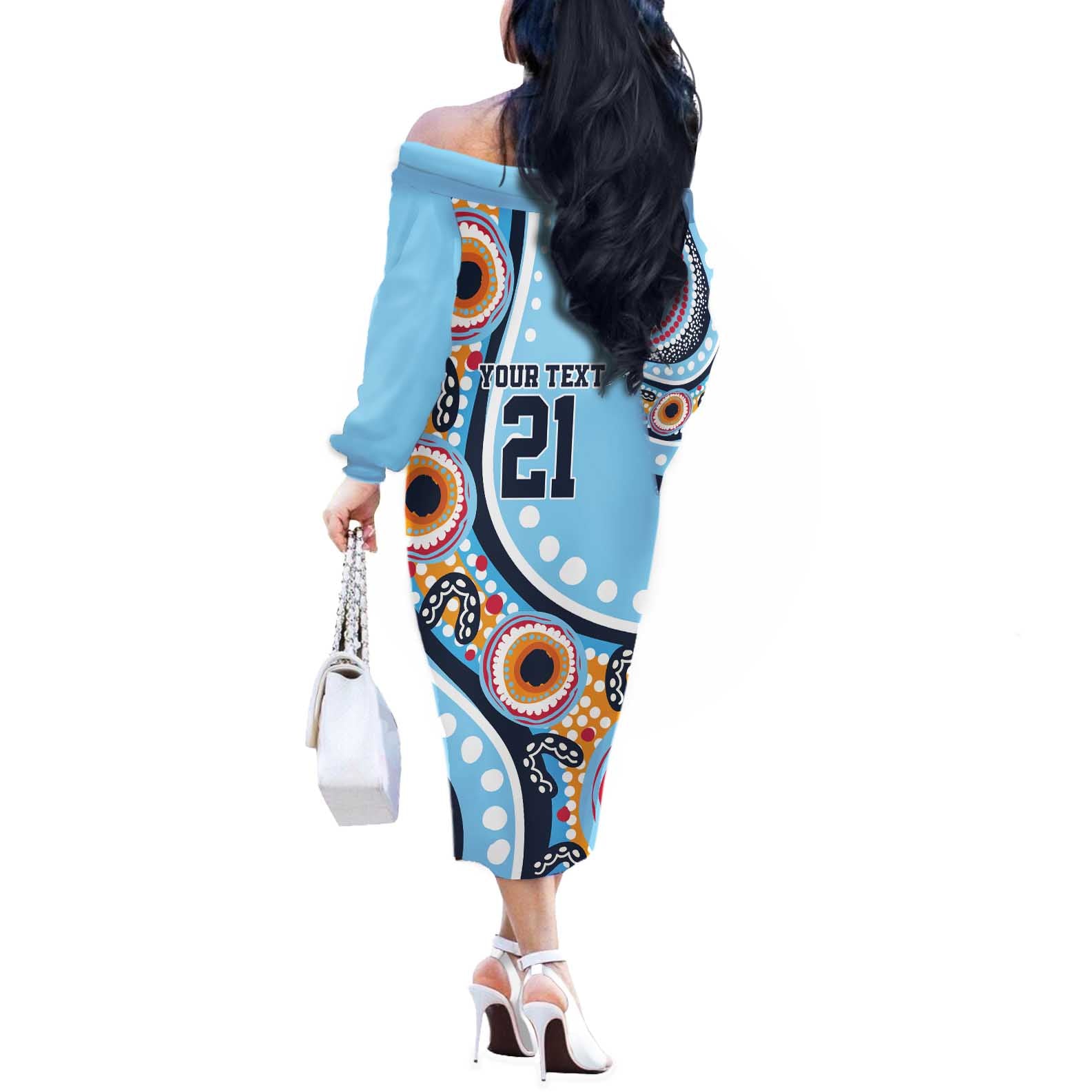 New South Wales Rugby Pacific Custom Off The Shoulder Long Sleeve Dress Aboriginal art of Waratah