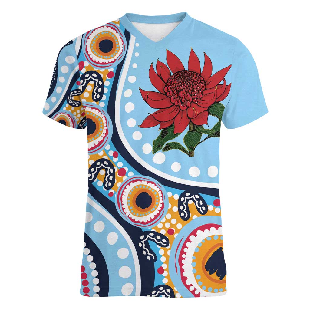 New South Wales Rugby Pacific Custom Women V-Neck T-Shirt Aboriginal art of Waratah