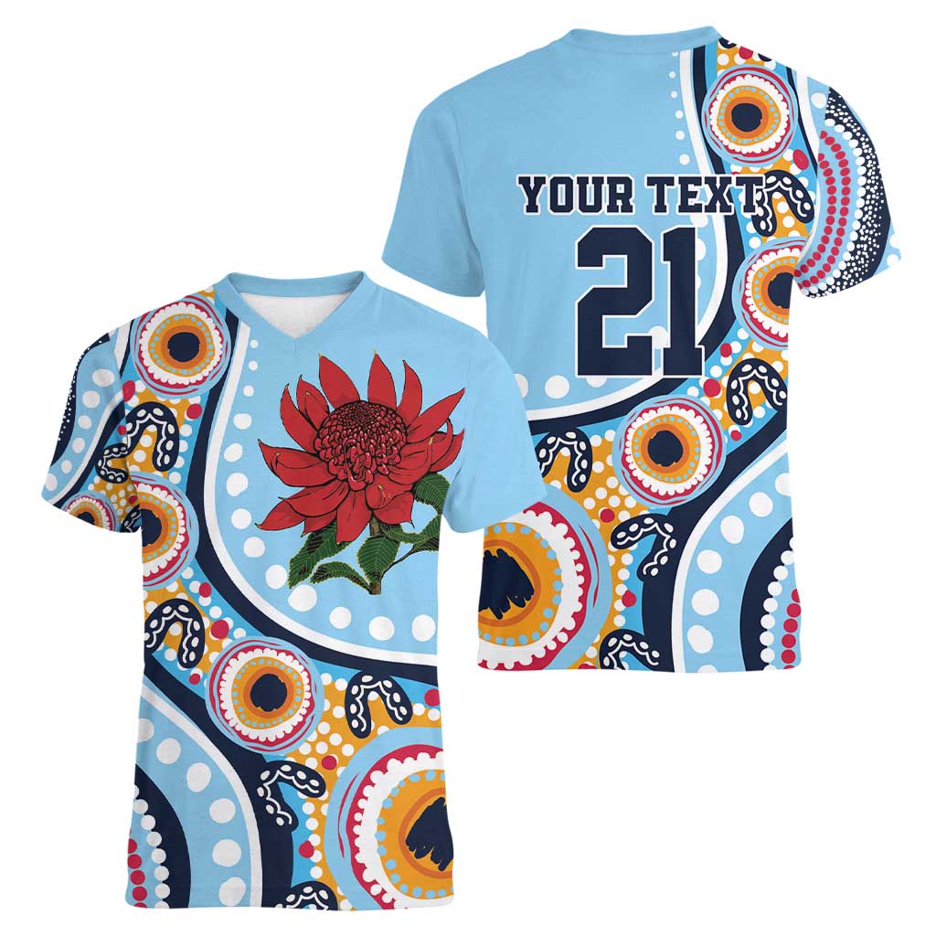 New South Wales Rugby Pacific Custom Women V-Neck T-Shirt Aboriginal art of Waratah