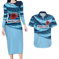 New South Wales Rugby Pacific Custom Couples Matching Long Sleeve Bodycon Dress and Hawaiian Shirt Pasifika Tapa Pattern