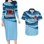 New South Wales Rugby Pacific Custom Couples Matching Long Sleeve Bodycon Dress and Hawaiian Shirt Pasifika Tapa Pattern