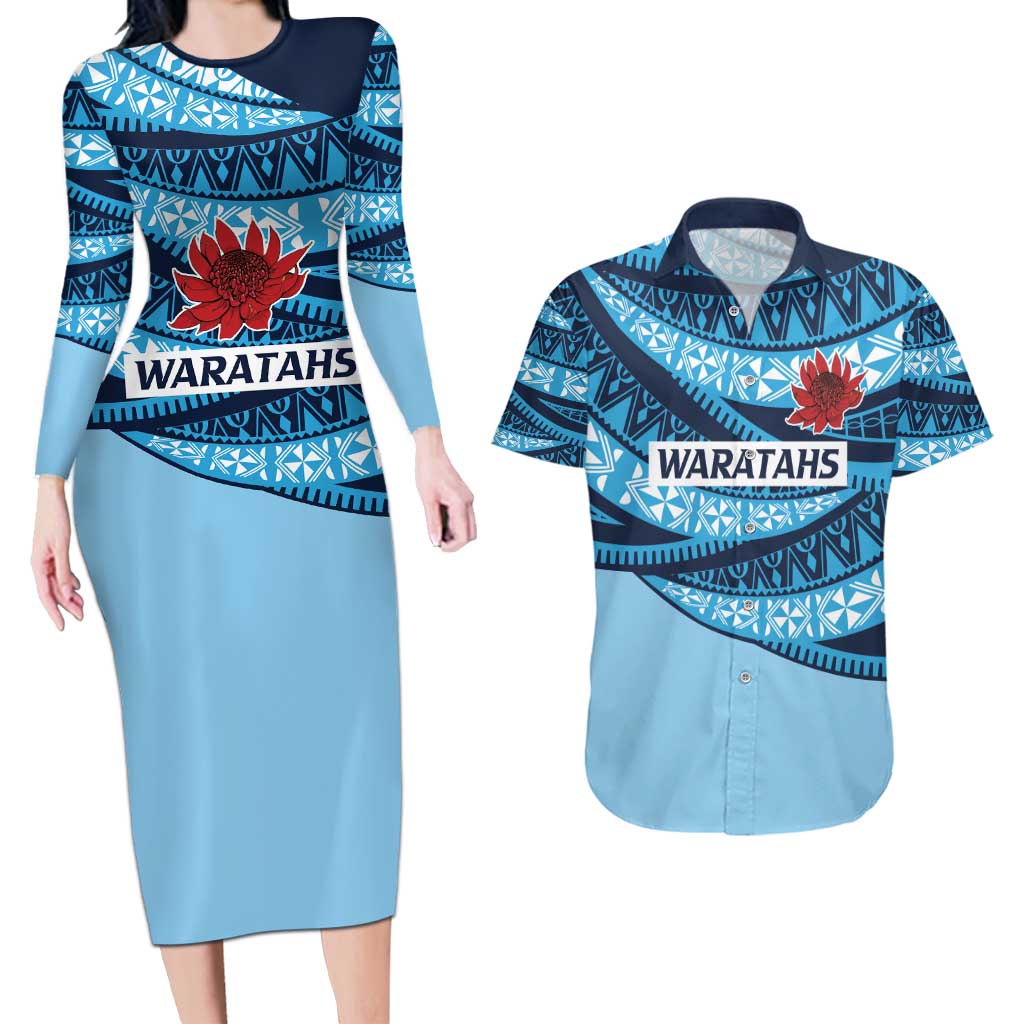 New South Wales Rugby Pacific Custom Couples Matching Long Sleeve Bodycon Dress and Hawaiian Shirt Pasifika Tapa Pattern