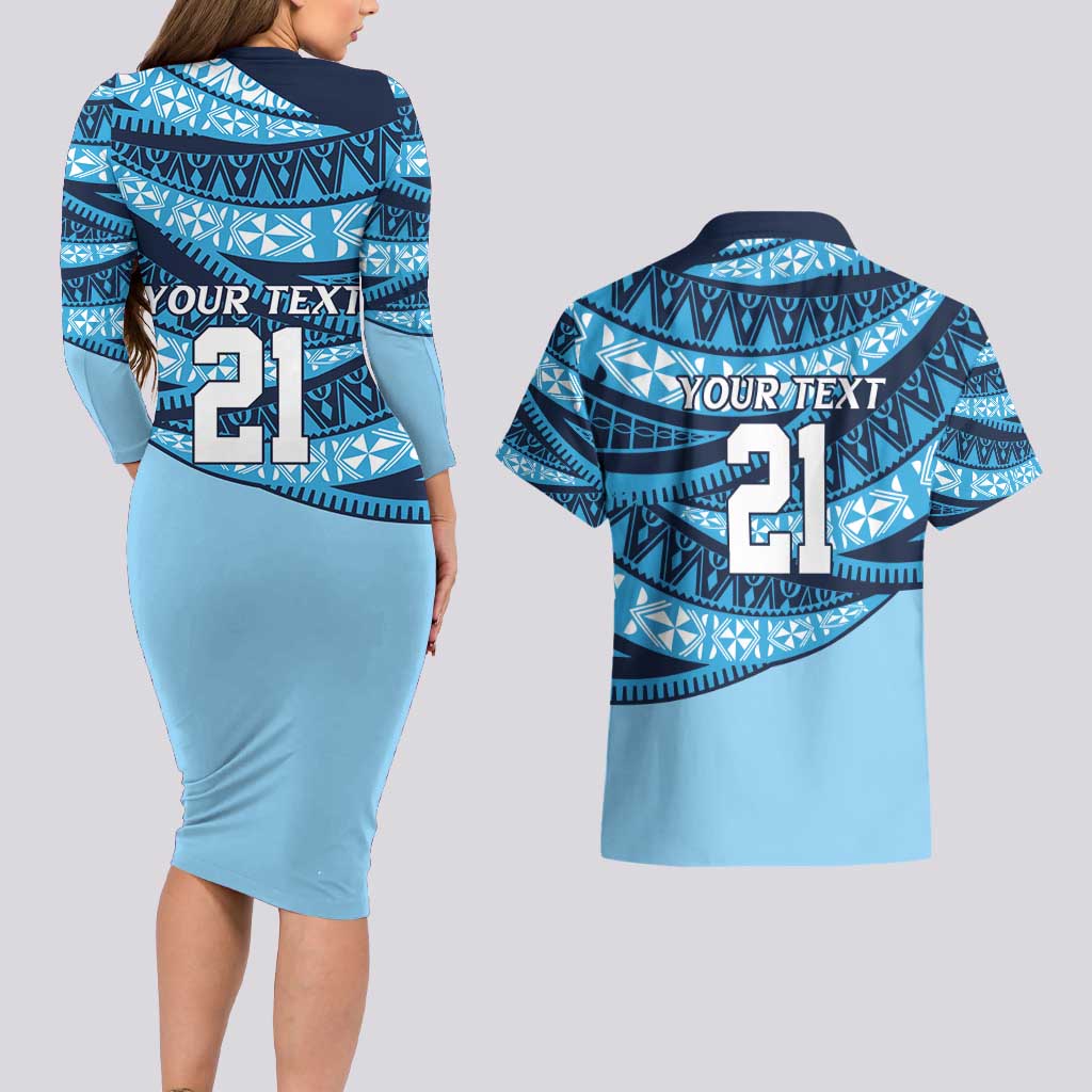 New South Wales Rugby Pacific Custom Couples Matching Long Sleeve Bodycon Dress and Hawaiian Shirt Pasifika Tapa Pattern