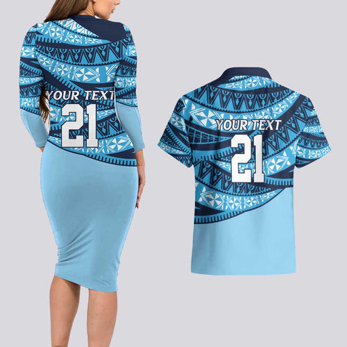 New South Wales Rugby Pacific Custom Couples Matching Long Sleeve Bodycon Dress and Hawaiian Shirt Pasifika Tapa Pattern