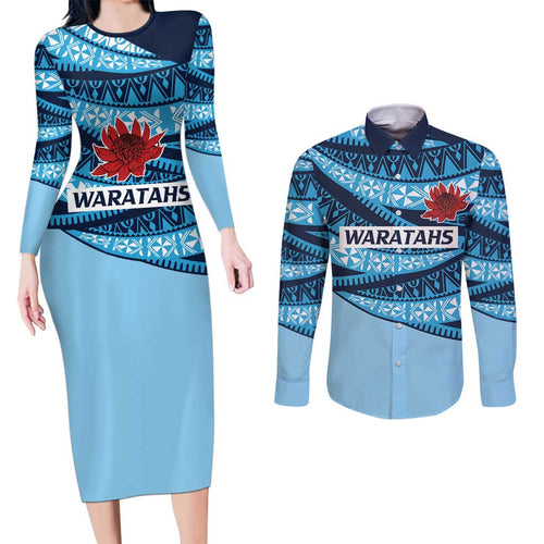 New South Wales Rugby Pacific Custom Couples Matching Long Sleeve Bodycon Dress and Long Sleeve Button Shirt Pasifika Tapa Pattern