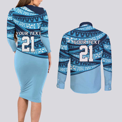 New South Wales Rugby Pacific Custom Couples Matching Long Sleeve Bodycon Dress and Long Sleeve Button Shirt Pasifika Tapa Pattern