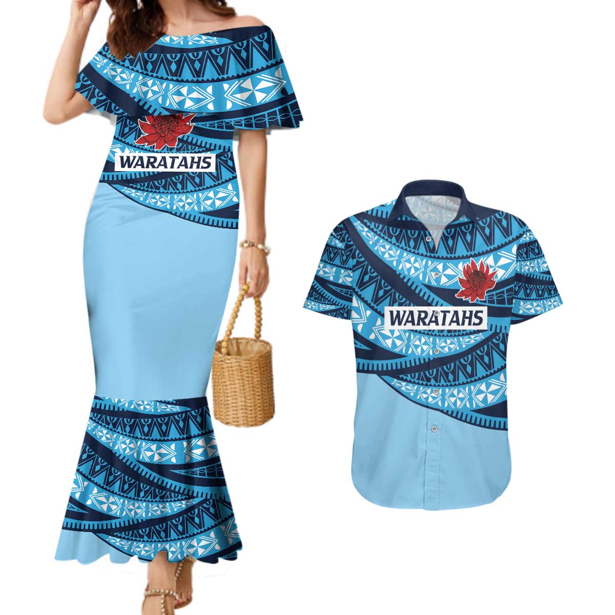 New South Wales Rugby Pacific Custom Couples Matching Mermaid Dress and Hawaiian Shirt Pasifika Tapa Pattern