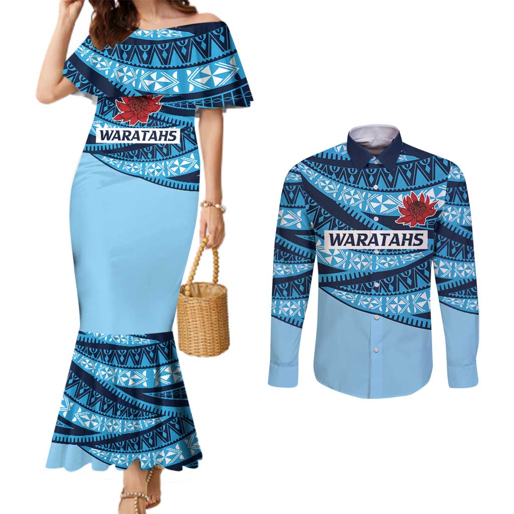 New South Wales Rugby Pacific Custom Couples Matching Mermaid Dress and Long Sleeve Button Shirt Pasifika Tapa Pattern