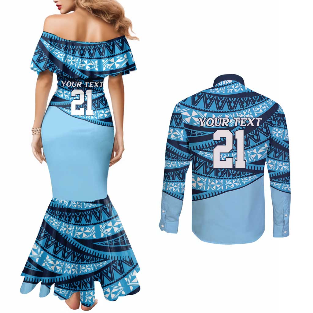 New South Wales Rugby Pacific Custom Couples Matching Mermaid Dress and Long Sleeve Button Shirt Pasifika Tapa Pattern