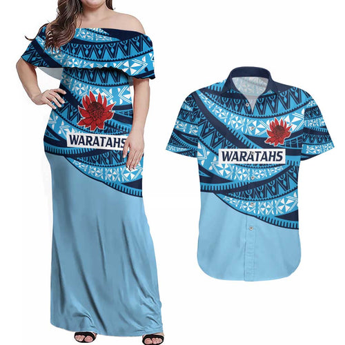 New South Wales Rugby Pacific Custom Couples Matching Off Shoulder Maxi Dress and Hawaiian Shirt Pasifika Tapa Pattern