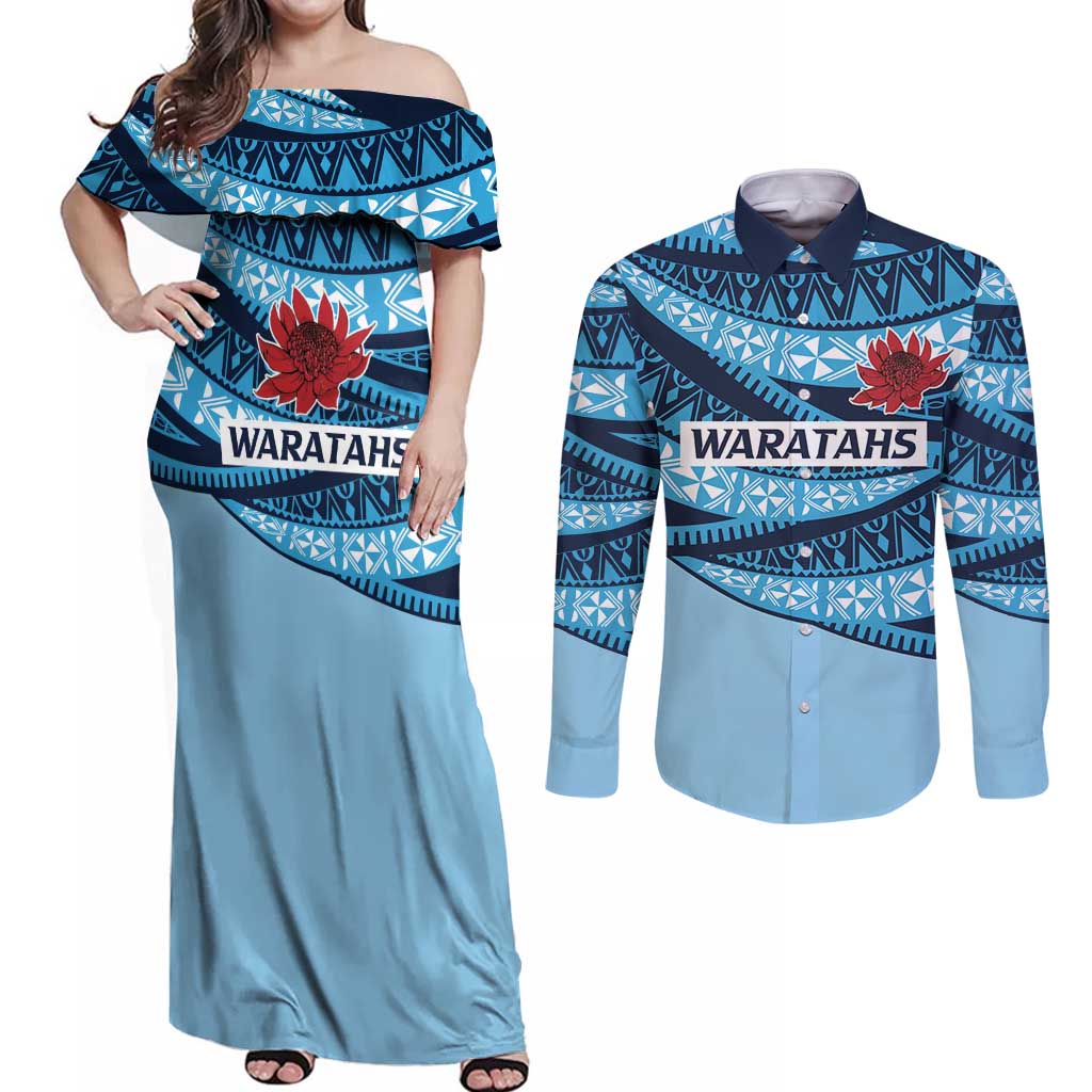 New South Wales Rugby Pacific Custom Couples Matching Off Shoulder Maxi Dress and Long Sleeve Button Shirt Pasifika Tapa Pattern