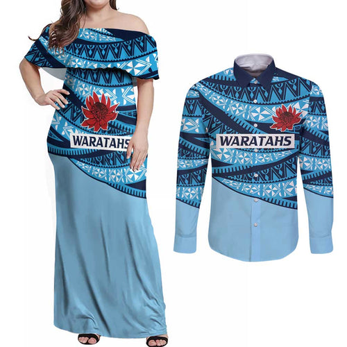 New South Wales Rugby Pacific Custom Couples Matching Off Shoulder Maxi Dress and Long Sleeve Button Shirt Pasifika Tapa Pattern