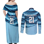 New South Wales Rugby Pacific Custom Couples Matching Off Shoulder Maxi Dress and Long Sleeve Button Shirt Pasifika Tapa Pattern