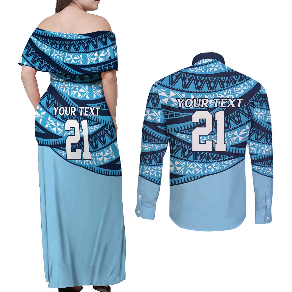 New South Wales Rugby Pacific Custom Couples Matching Off Shoulder Maxi Dress and Long Sleeve Button Shirt Pasifika Tapa Pattern