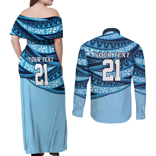 New South Wales Rugby Pacific Custom Couples Matching Off Shoulder Maxi Dress and Long Sleeve Button Shirt Pasifika Tapa Pattern
