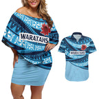 New South Wales Rugby Pacific Custom Couples Matching Off Shoulder Short Dress and Hawaiian Shirt Pasifika Tapa Pattern