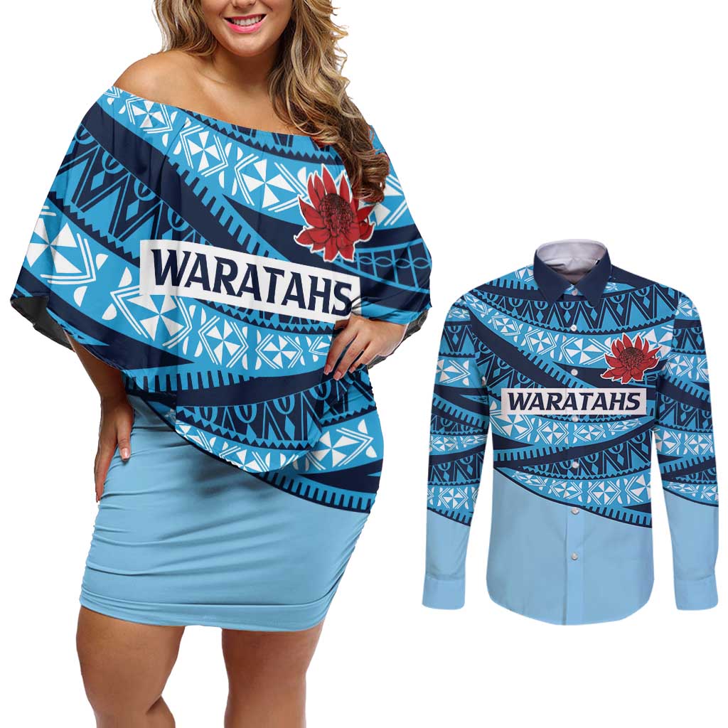 New South Wales Rugby Pacific Custom Couples Matching Off Shoulder Short Dress and Long Sleeve Button Shirt Pasifika Tapa Pattern