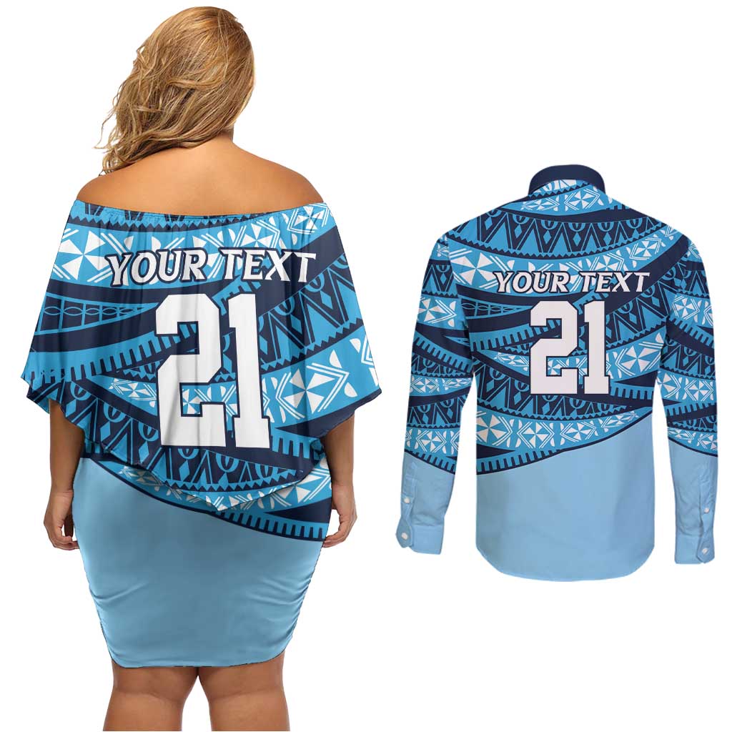 New South Wales Rugby Pacific Custom Couples Matching Off Shoulder Short Dress and Long Sleeve Button Shirt Pasifika Tapa Pattern
