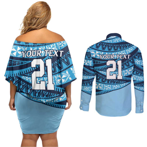 New South Wales Rugby Pacific Custom Couples Matching Off Shoulder Short Dress and Long Sleeve Button Shirt Pasifika Tapa Pattern