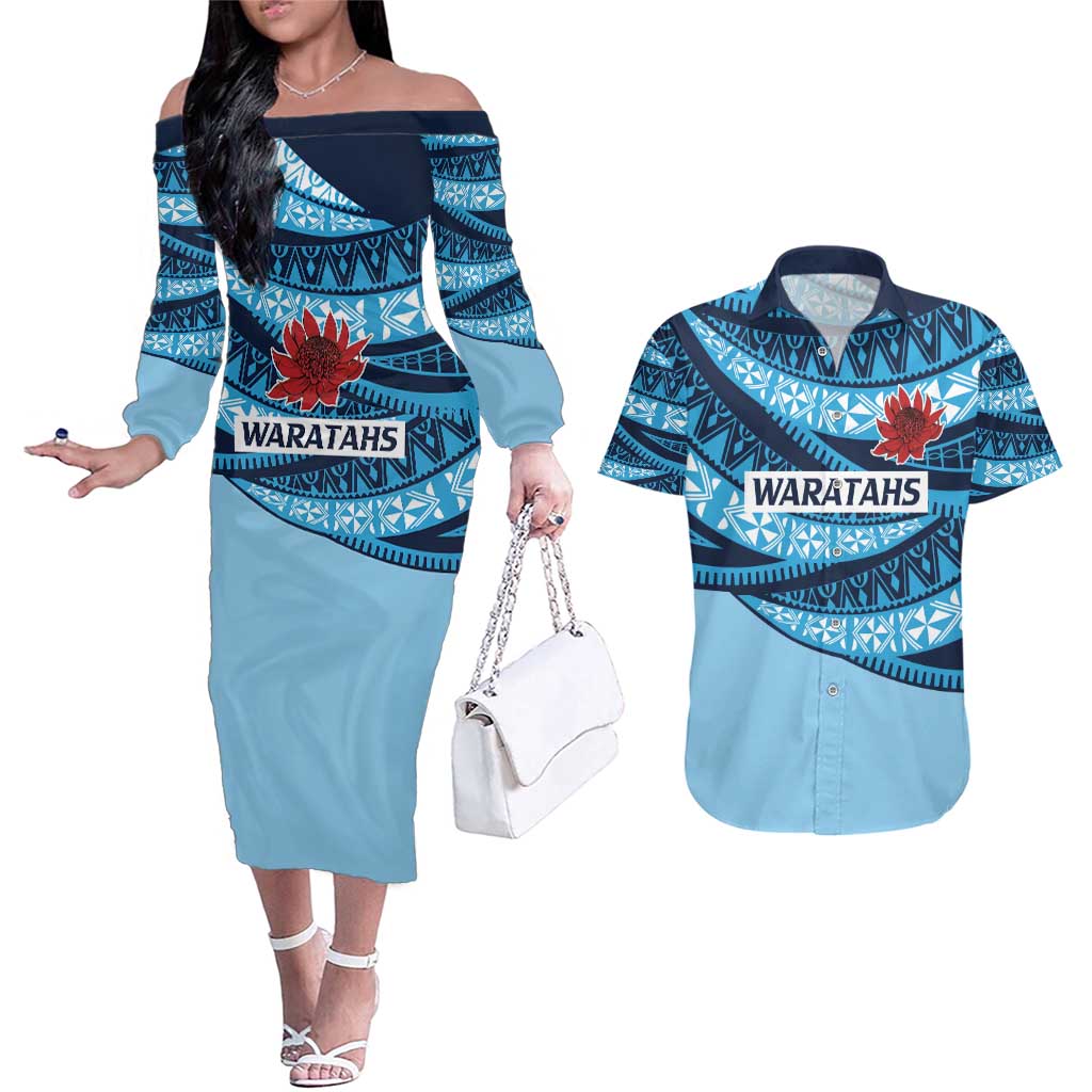 New South Wales Rugby Pacific Custom Couples Matching Off The Shoulder Long Sleeve Dress and Hawaiian Shirt Pasifika Tapa Pattern