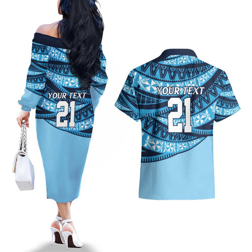 New South Wales Rugby Pacific Custom Couples Matching Off The Shoulder Long Sleeve Dress and Hawaiian Shirt Pasifika Tapa Pattern