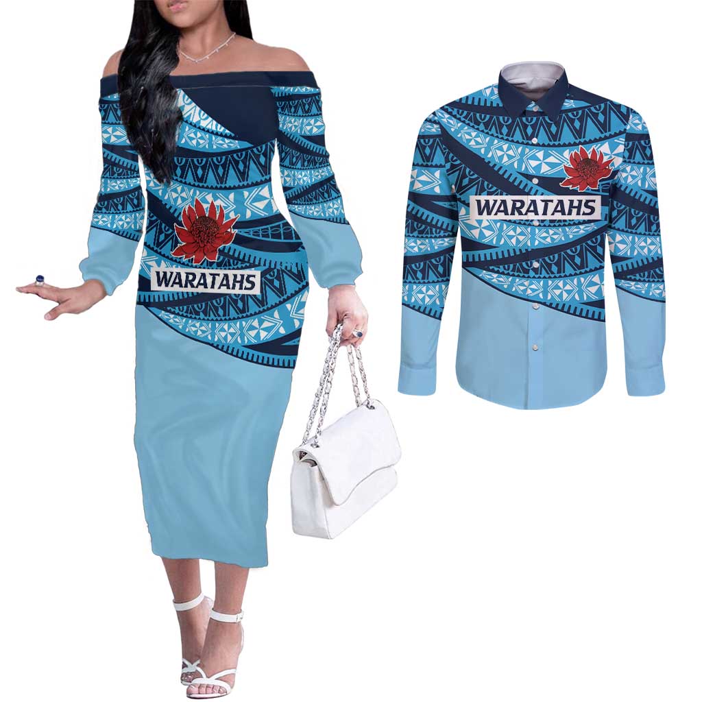 New South Wales Rugby Pacific Custom Couples Matching Off The Shoulder Long Sleeve Dress and Long Sleeve Button Shirt Pasifika Tapa Pattern
