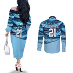 New South Wales Rugby Pacific Custom Couples Matching Off The Shoulder Long Sleeve Dress and Long Sleeve Button Shirt Pasifika Tapa Pattern