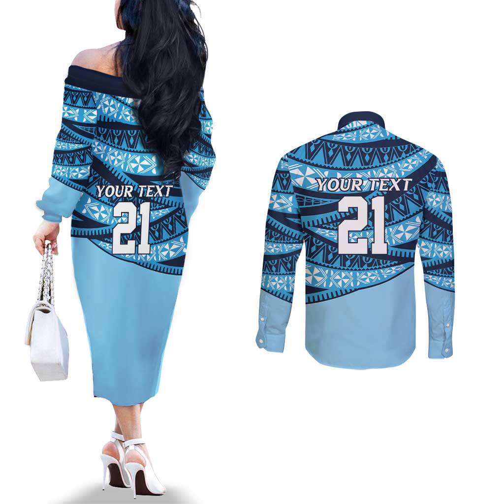 New South Wales Rugby Pacific Custom Couples Matching Off The Shoulder Long Sleeve Dress and Long Sleeve Button Shirt Pasifika Tapa Pattern