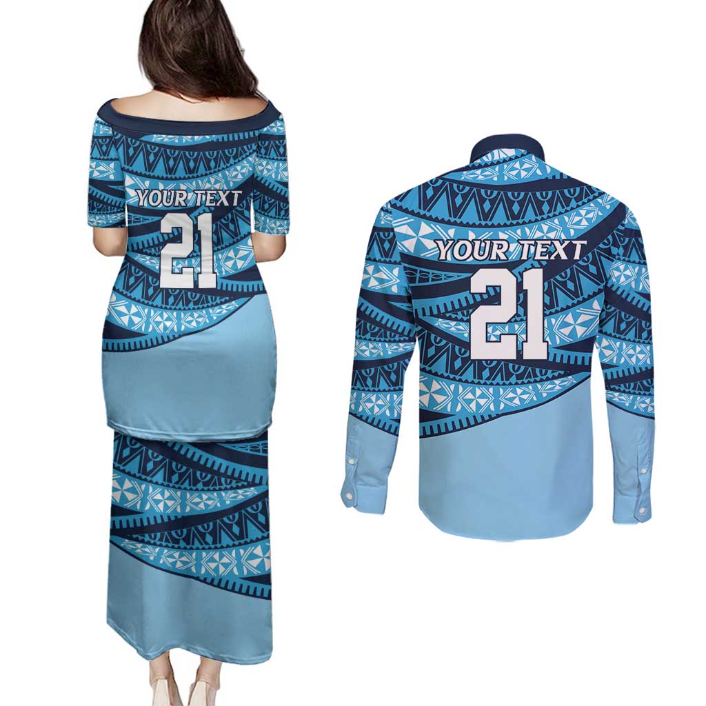 New South Wales Rugby Pacific Custom Couples Matching Puletasi and Long Sleeve Button Shirt Pasifika Tapa Pattern