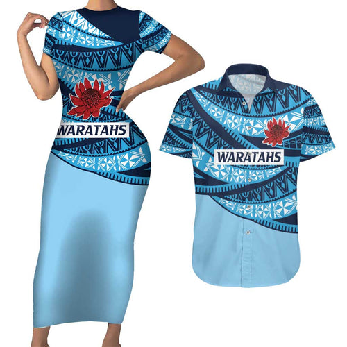 New South Wales Rugby Pacific Custom Couples Matching Short Sleeve Bodycon Dress and Hawaiian Shirt Pasifika Tapa Pattern