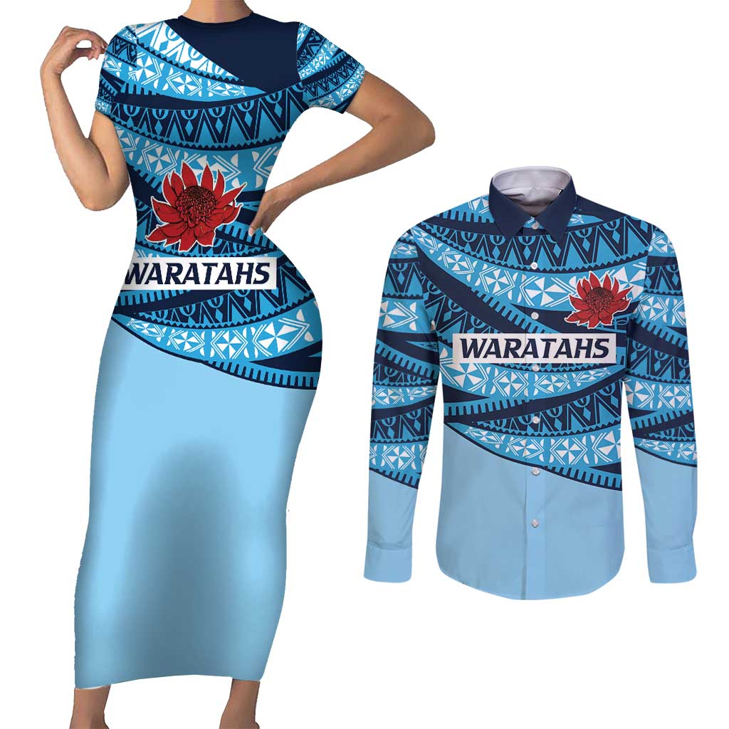 New South Wales Rugby Pacific Custom Couples Matching Short Sleeve Bodycon Dress and Long Sleeve Button Shirt Pasifika Tapa Pattern
